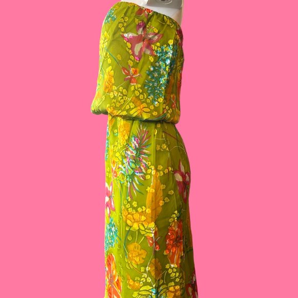 Lynn Lugo  Women's 100% Silk  Green Flower Strapless dress  made in USA, size 4 - Picture 4 of 6